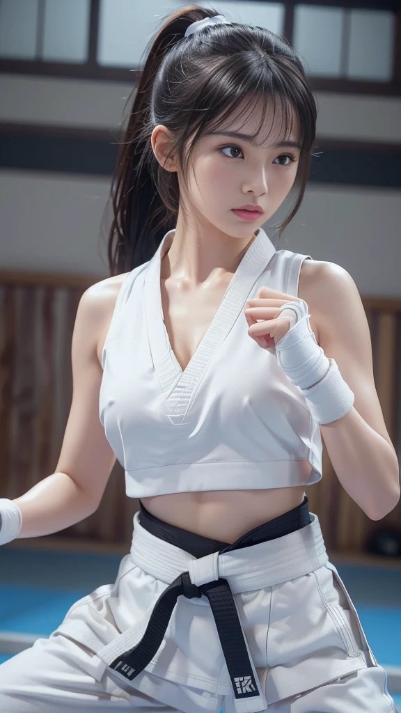 (Sporty bra visible)、(((Sexy Karate Singlet)))、Female karateka with bangs and a ponytail、The navel and under the chest are visible、Glowing Skin、((Embarrassed face))、((Turn away))、((Look to the side))、((Blushing))、(Watery eye)、cry、(((Karate Dojo)))、((Delicate painting)),(Masterpiece detailed RAW photos:1.25), (Highest quality:1.6), (Ultra-high resolution:1.5), (Realistic:1.75), 8k resolution, Canon EOS R5, 50mm, Absurd, Very detailed,Cinema Lighting、((Sporty pants are visible))、(((Take off your pants)))、