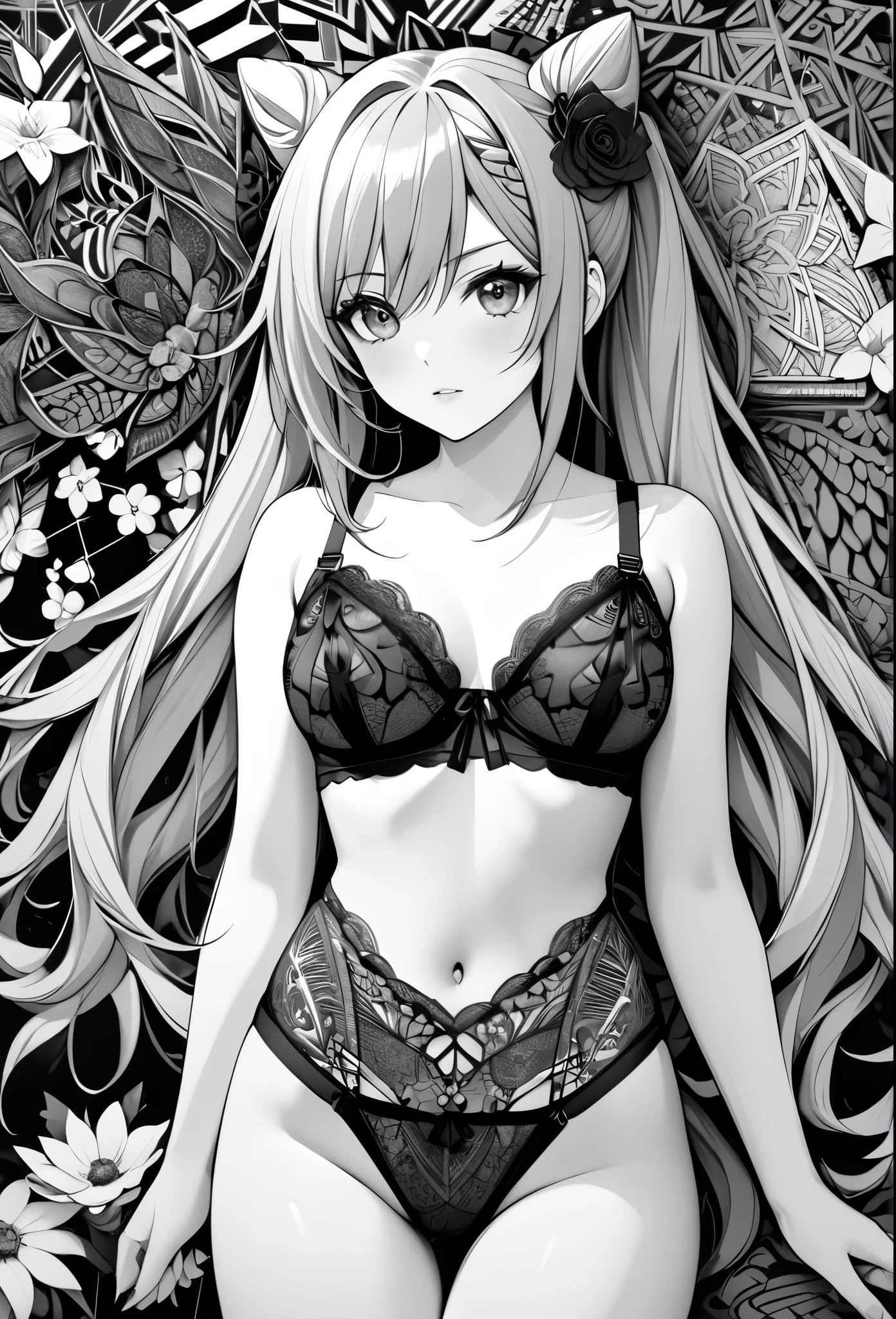 Keqing, genshin inpact, absurdres,highres,ultra detailed,ultra-detailed background,detailed background,extremly detailed,1girl,bunch of flowers,(zentangle:1.2),(geometric:1.2) black and white color palette, monochromatic, lingerie, realistic depiction