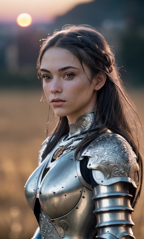 (masterpiece), (extremely intricate:1.3), (realistic), portrait of a girl, the most beautiful in the world, (medieval armor), metal reflections, upper body, outdoors, intense sunlight, far away castle, professional photograph of a stunning woman detailed, sharp focus, dramatic, award winning, cinematic lighting, octane render unreal engine, volumetrics dtx, (film grain, blurry background, blurry foreground, bokeh, depth of field, sunset, motion blur:1.3), chainmail