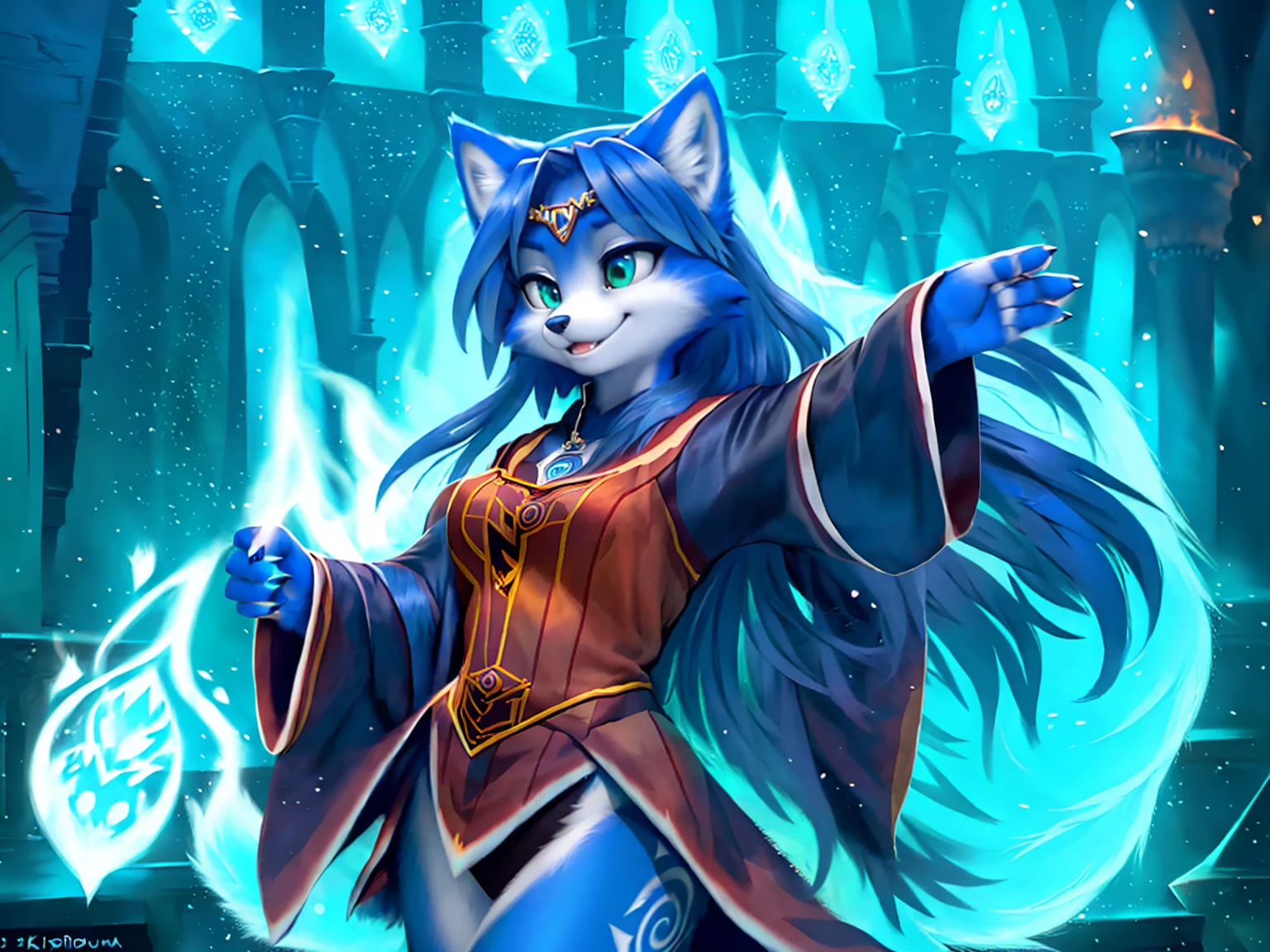 A beautiful and detailed (sweet picture) wa ((krystal)), Star Fox Krystal, sslim, lovable, green eyes, medium breasts, (((Long blue hair 1.3))), Decollete, grin, look up,, anthro, furry, Uploaded E621, detailed fluffy fur, (wa Fluff-Kevlar, Bayard Wu, personalize me, Pino Daeni), detailed face, (fluffy), 1 girl, alone, sweet girl, alone, ((((is located in Hogwarts)))), magician clothing