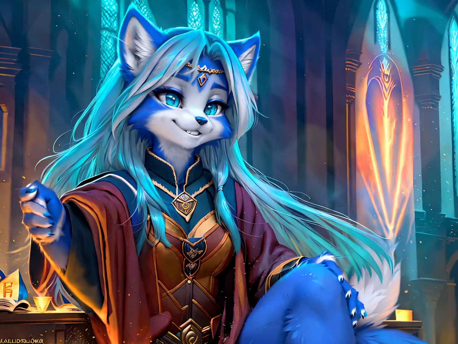 A beautiful and detailed (sweet picture) wa ((krystal)), Star Fox Krystal, sslim, lovable, green eyes, medium breasts, (((Long blue hair 1.3))), Decollete, grin, look up,, anthro, furry, Uploaded E621, detailed fluffy fur, (wa Fluff-Kevlar, Bayard Wu, personalize me, Pino Daeni), detailed face, (fluffy), 1 girl, alone, sweet girl, alone, ((((is located in Hogwarts)))), magician clothing