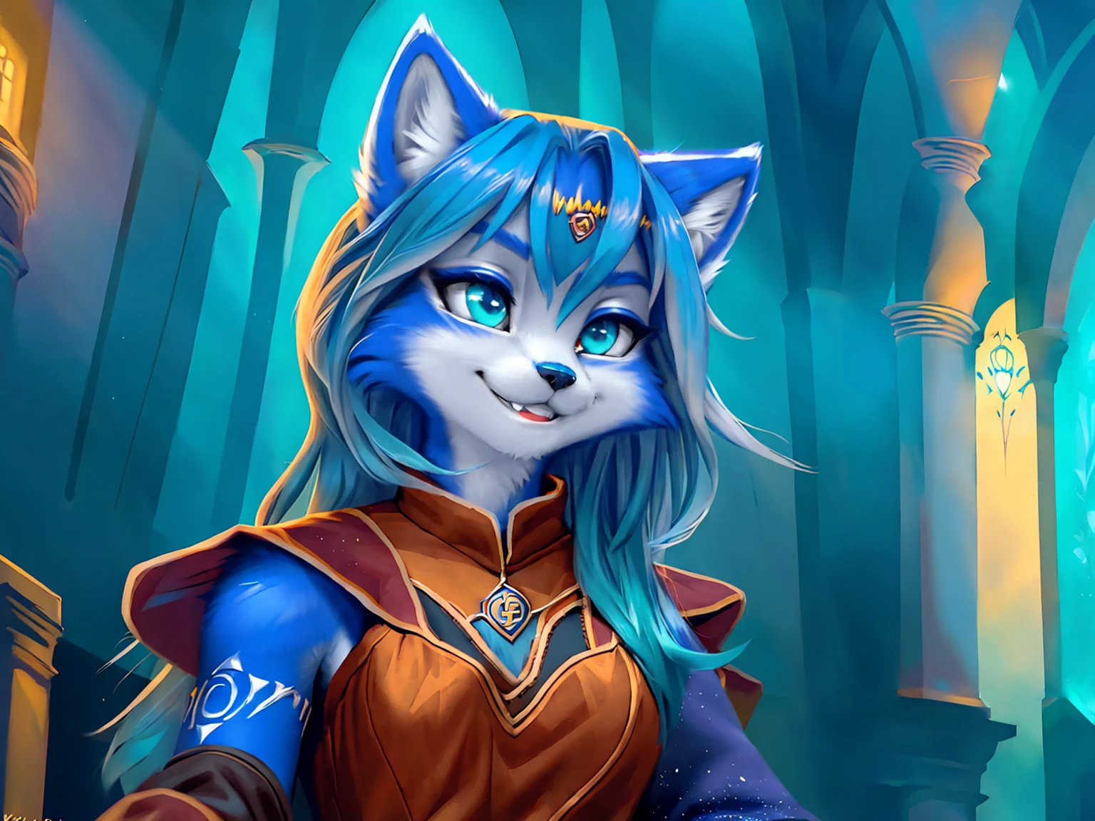 A beautiful and detailed (sweet picture) wa ((krystal)), Star Fox Krystal, sslim, lovable, green eyes, medium breasts, (((Long blue hair 1.3))), Decollete, grin, look up,, anthro, furry, Uploaded E621, detailed fluffy fur, (wa Fluff-Kevlar, Bayard Wu, personalize me, Pino Daeni), detailed face, (fluffy), 1 girl, alone, sweet girl, alone, ((((is located in Hogwarts)))), magician clothing