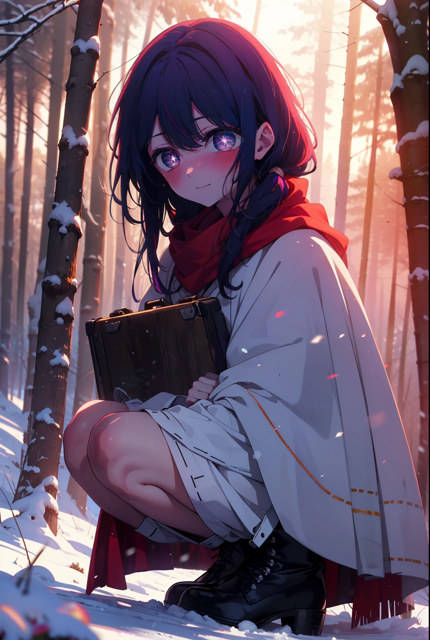aihoshino, Ai Hoshino, Long Hair, bangs, (Purple eyes:1.1), Purple Hair, (Symbol-shaped pupil:1.5), smile,,smile,blush,white breath,
Open your mouth,snow,Ground bonfire, Outdoor, boots, snowing, From the side, wood, suitcase, Cape, Blurred, , forest, White handbag, nature, Squat, Mouth closed, Cape, winter, Written boundary depth, Black shoes, red Cape break looking at viewer, Upper Body, whole body, break Outdoor, forest, nature, break (masterpiece:1.2), Highest quality, High resolution, unity 8k wallpaper, (shape:0.8), (Beautiful and beautiful eyes:1.6), Highly detailed face, Perfect lighting, Highly detailed CG, (Perfect hands, Perfect Anatomy),