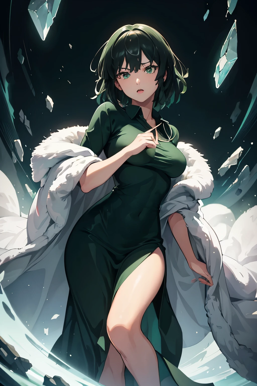 (8k, raw photo, masterpiece, extremely detailed, best quality, professional lighting, high res), beautiful and adorable girl, fubuki, psychic girl, deep green clothes, white fur