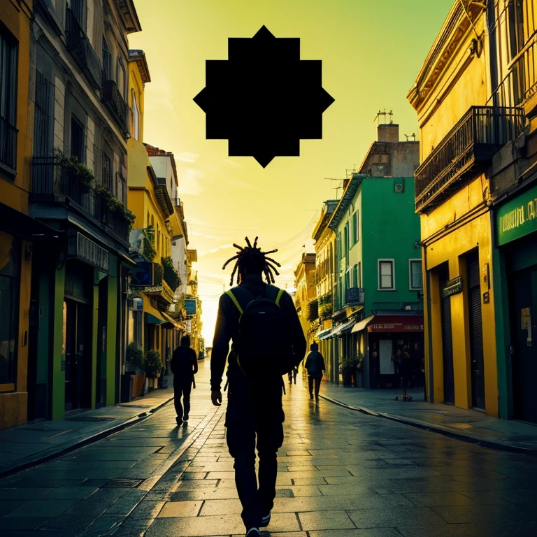 Man walking and traveling, silhouette of man tourist or traveler,Anonymous man, Black man with dreadlocks silhouette,logo, green and yellow background colors