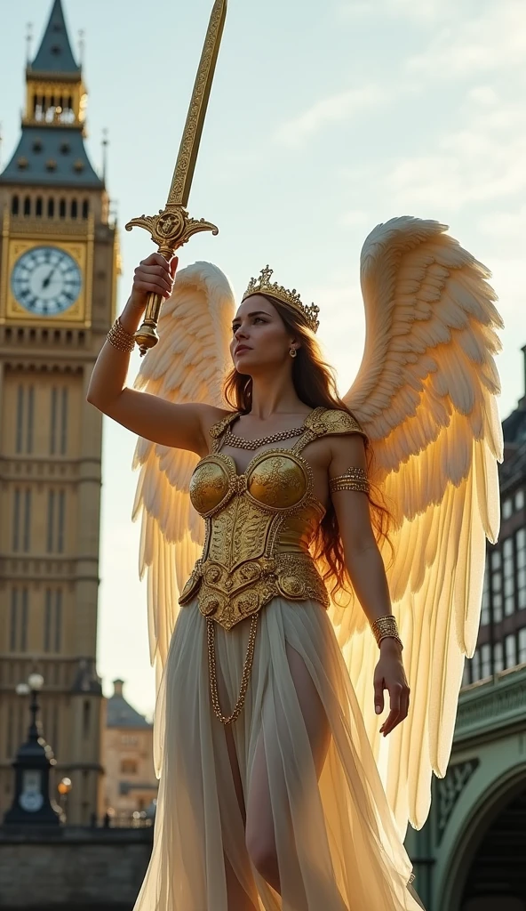 Beautiful female angel standing in modern London, whole body, Dressed in golden ancient Greek armor, Holding a sword in his hand, Daytime, whole body