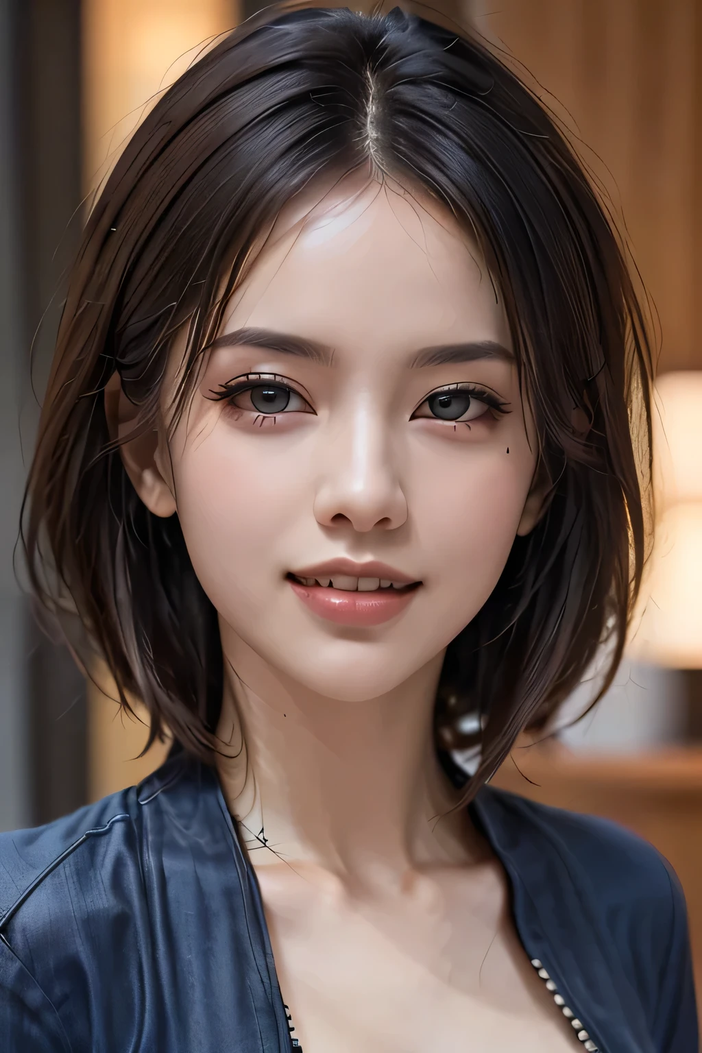 (highest quality, 8k, 32K, masterpiece), (Realistic), (Realistic:1.2), (High resolution), (night:1.7), Japan, cyber punk, 街の景Farbe, In front of the window,Wooden floor, Blue jacket, Grey Shirt, clavicle, jewelry, gem, Brunette Bob, 1 female, 45 years old, grin, Beautiful body, beautifulNose, beautifulcharacter design, Perfect Eyes, perfectface, Expressive eyes, View your viewers, Center the image, (Cowboy Shot), (Focus on her face), Official Art, Very detailed CG Unity 8k wallpaper, Perfect lighting,Farbeful, bright_front_face_Lighting,Glowing Skin, (masterpiece:1.0),(Highest_quality:1.0), 超High resolution,4K,Very detailed, photograph, 8k, High resolution, High resolution, absurdes:1.2, Kodak Port 400, Film Grain, Blurred Background, bokeh:1.2, Lens flare, (Vibrant_Farbe:1.2) (beautiful,chest), (beautiful_face:1.5),(narrow_Waist)