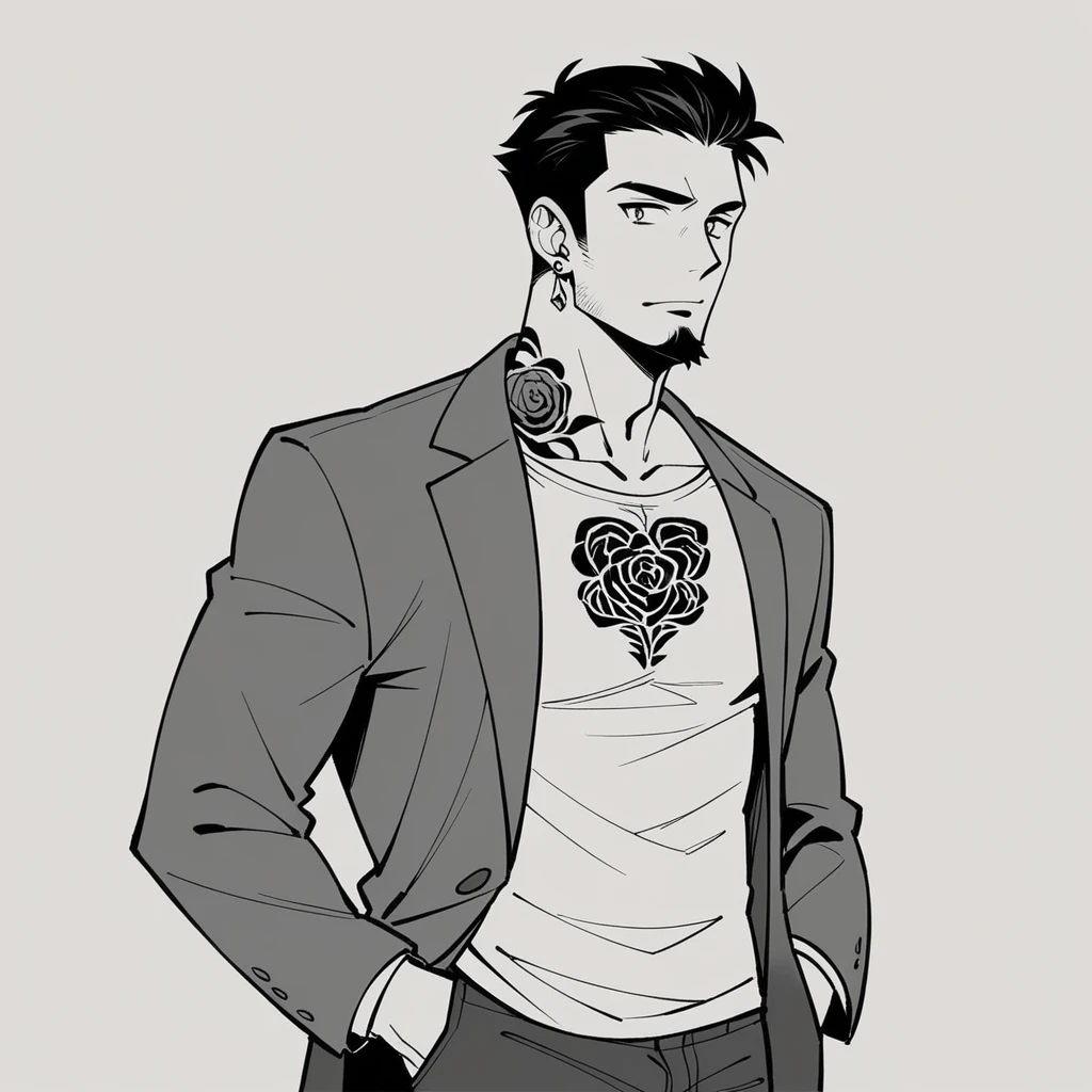 standing alone,bonitas, monochrome,monochrome,1 men, , Bblack hair , Eyes red, Satoru Gojo,casual,Blue Rose Tattoo,Preto Oversized ,casual,Blazer style ,great,goatee b ,ring and earrings ,necklase , rosto bonitas de jovem , Neck tatoo
