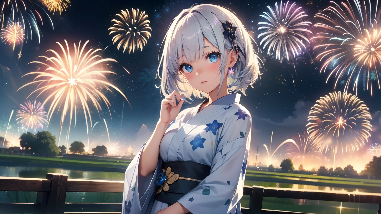Best quality、Photorealistic、Ultra-detailed、delicate、Orderly、High Detail、Bluish Silver Short Bob、(Drooping heterochromia iris,glowing eyes、Sparkling Eyes:1.3)、Slender、(One girl:1.2)、(Fireworks display、Big fireworks bursting into the night sky、The vast starry sky:1.4)、 Night view、twinkle star、Milky Way in 7 colors、Beautiful skyline、Vast grassland、Paddy field、Colorful night natural light、Girl in Yukata、Off the shoulder,Ambient Occlusion、Ambient Light、Ray-traced Reflections、Glow、Shiny Hair、
