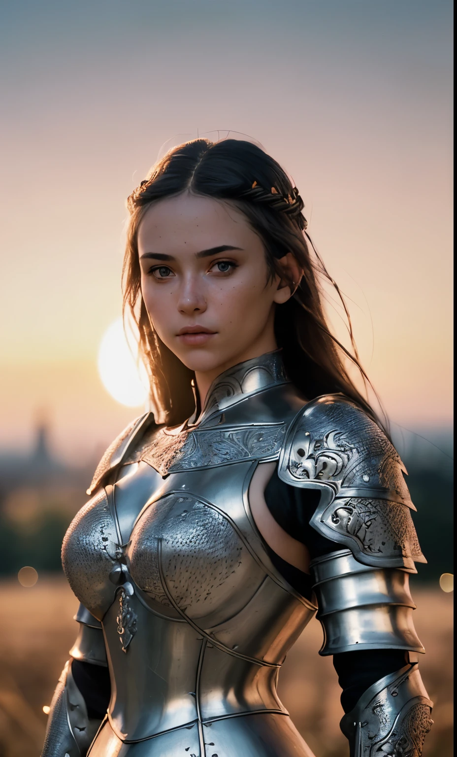(masterpiece), (extremely intricate:1.3), (realistic), portrait of a girl, the most beautiful in the world, (medieval armor), metal reflections, upper body, outdoors, intense sunlight, far away castle, professional photograph of a stunning woman detailed, sharp focus, dramatic, award winning, cinematic lighting, octane render  unreal engine,  volumetrics dtx, (film grain, blurry background, blurry foreground, bokeh, depth of field, sunset, motion blur:1.3), chainmail