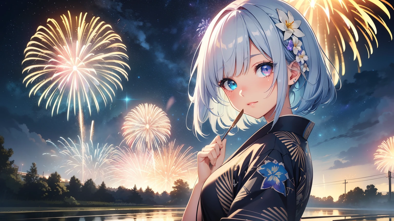 Best quality、Photorealistic、Ultra-detailed、delicate、Orderly、High Detail、Bluish Silver Short Bob、(Drooping heterochromia iris,glowing eyes、Sparkling Eyes:1.3)、Slender、(One girl:1.2)、(Fireworks display、Big fireworks bursting into the night sky、The vast starry sky:1.4)、 Night view、twinkle star、Milky Way in 7 colors、Beautiful skyline、Vast grassland、Paddy field、Colorful night natural light、Girl in Yukata、Ambient Occlusion、Ambient Light、Ray-traced Reflections、Glow、Shiny Hair、