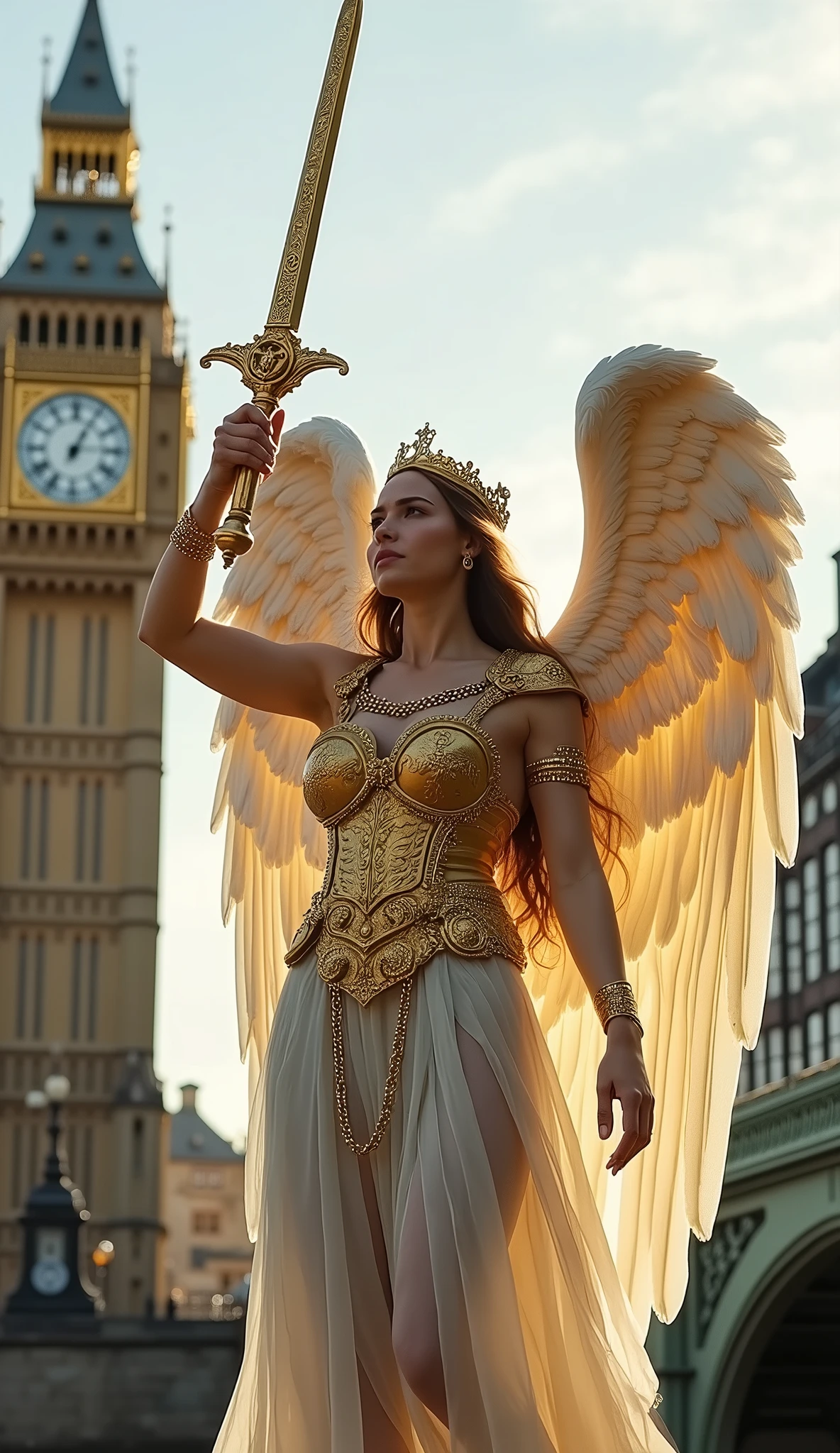 Beautiful female angel standing in modern London, whole body, Dressed in golden ancient Greek armor, Holding a sword in his hand, Daytime, whole body