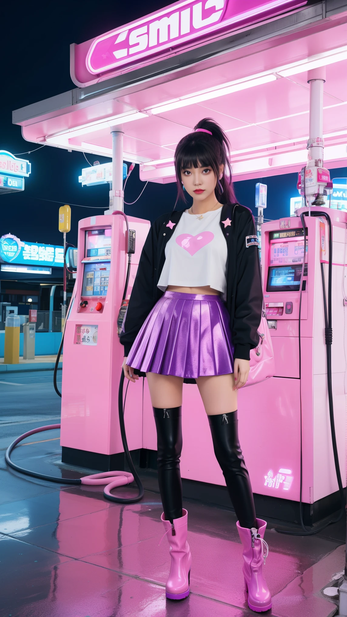 futuristic young woman, The dazzling costume、in a surreal atmosphere々Standing, Neon lights shine at the gas station. Gasoline pump, adorned with star, Floating in the air, The hose swings playfully. Vibrant pink and purple hues spread, Creates a surreal and otherworldly atmosphere, Monitiered layered skirt, Pink Boots, White pink heart print top, Unusual fashion choices, Black low ponytail with bangs