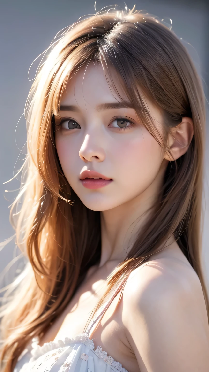 8K masterpieces of highest quality, Japan cartoon movies woman, A realistic portrait of a cold wind, Sisters, silver white Long Hair woman, Long Hair, Pale pink lips, Calm and rational bang, Grey Eyes, Floral Background, Dancing Petals, Delicate face #Sheet #Digital Art #Digital drawing #Air Art #Air Artwork #Japan cartoon movies, whole body, Model pose, Smooth, Long legs, photo shoot