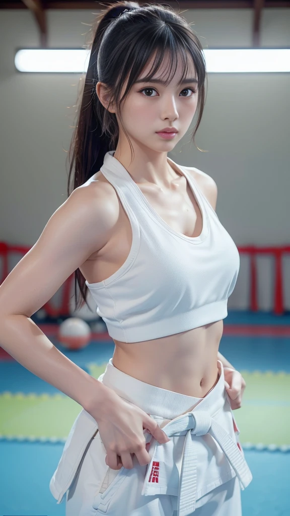 (Sports bra visible)、(((Sexy Karate Singlet)))、Female karateka with bangs and a ponytail、The navel and under the chest are visible、Glowing Skin、((Embarrassed face))、((Turning away))、((Look to the side))、((blush))、(Watery eye)、cry、(((Karate Dojo)))、((Delicate painting))，(Masterpiece detailed RAW photos:1.25), (Highest quality:1.6), (Ultra-high resolution:1.5), (Realistic:1.75), 8k resolution, Canon EOS R5, 50mm, Absurd, Very detailed,Cinema Lighting、((Sporty pants are visible))、(((Take off your pants)))、fight,