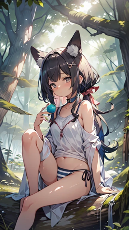 (((masterpiece))), (((The best quality in the best condition))), ((Very detailed)), (Highly detailed CG illustrations), ((Very delicate and beautiful)),(Cute and delicate face),Bright and beautiful atmosphere, Two (10 years old, 1. Short-tempered round face), 1 (hair, Surface effect), Small breasts, Tropical Forest,Hammock in the middle、Overlooking the forest from a high hill、A hammock tied high up 、ハンモックで眠るTwo少女、(Tank top)、(Striped string panties),Eating fruit