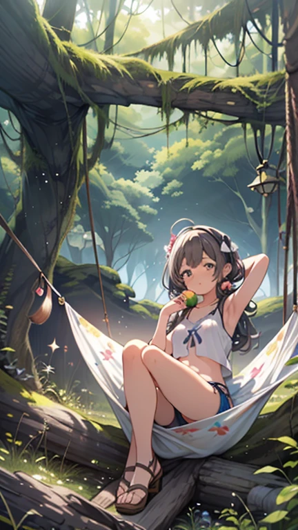 (((masterpiece))), (((The best quality in the best condition))), ((Very detailed)), (Highly detailed CG illustrations), ((Very delicate and beautiful)),(Cute and delicate face),Bright and beautiful atmosphere, Two (10 years old, 1. Short-tempered round face), 1 (hair, Surface effect), Small breasts, Tropical Forest，Hammock in the middle、Overlooking the forest from a high hill、A hammock tied high up 、ハンモックで眠るTwo少女、(Tank top)、(Striped string panties)，Eating fruit