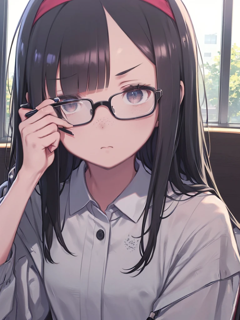 ((((School、During class、classroom)))、、middle School girls、((((((I am sitting on a chair and taking a class.、I have a pen、Notebooks and textbooks、)))))(((Serious face、Future outlook、Slender body)))、、Low length、((((((Eyes hidden by long bangs:1.2))))))、((([(freckles、Long black hair:1.2　hair band))))(((( Black-rimmed glasses:1.2　black eye)))、Side view、,Official Art、High resolution、Hyper Detail、[Angle from below:0.7]Upper Body