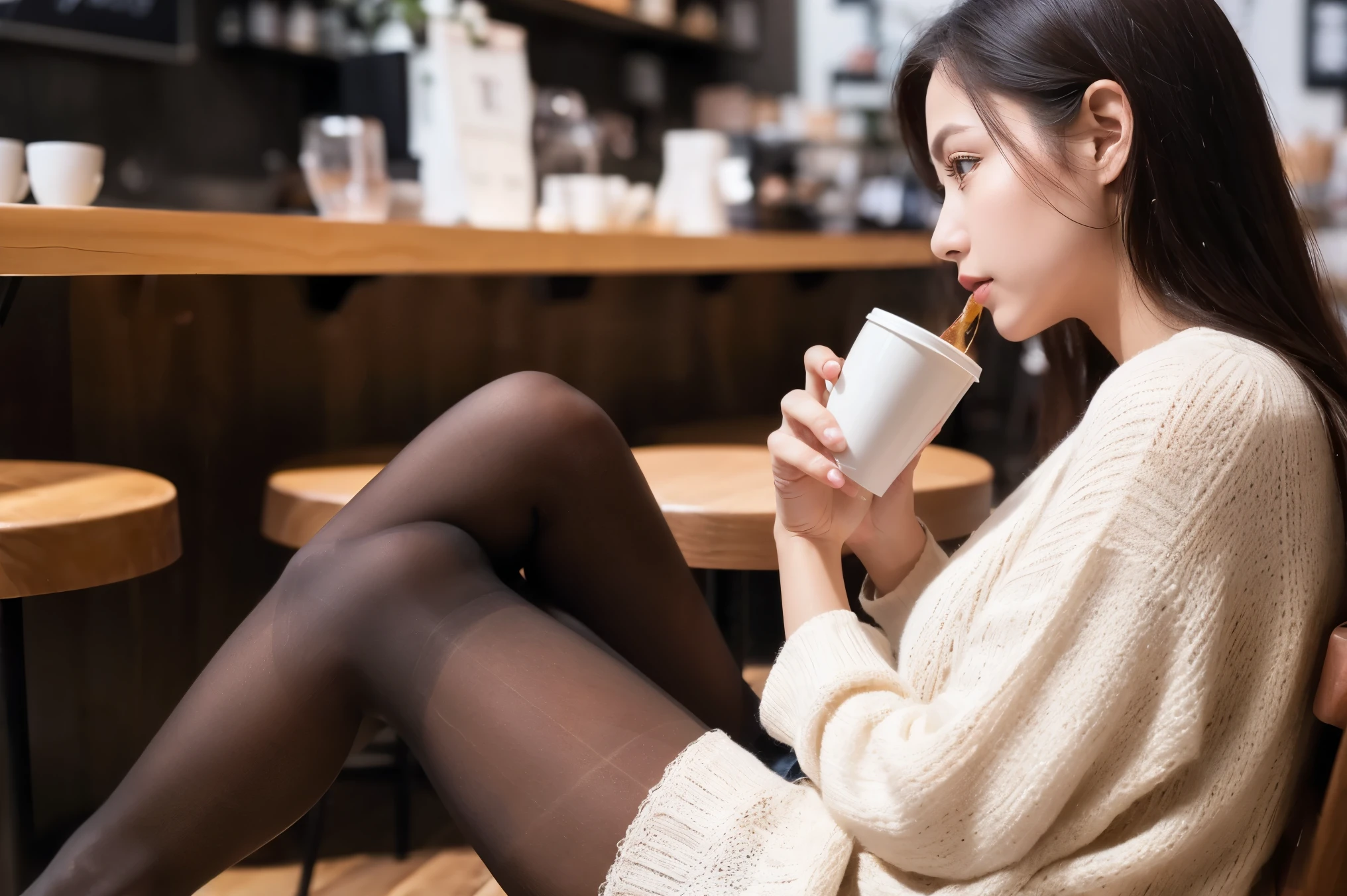Astonishingly beautiful girl、Drinking coffee at a cafe、Classy fashion、profile、Shot from the side、(Ultra-realistic pantyhose:1.3)、A sulky expression、((Bare thighs))
