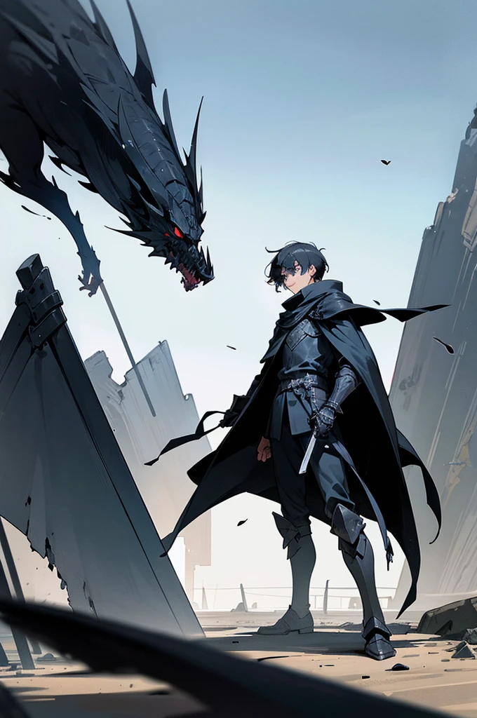 A young man with black hair and blue eyes, clad in black armor and a jet-black cloak, wielding a massive double-bladed black greatsword. Background: a desolate wasteland.