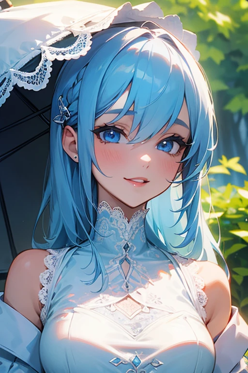 (masterpiece: 1.2, Highest quality), (Actual Photos, Intricate details), 1. woman, alone, Upper Body, casual, Shoulder-length hair, Minimal makeup, Natural materials, Face close-up, smile, Home, (Light blue hair).blue eyes, Shoulder Bare、Smiling with teeth showing、(In the gap between my breasts).((Kiss with your eyes closed)).((Lace clothes)).((sexy)).((Outdoor)).