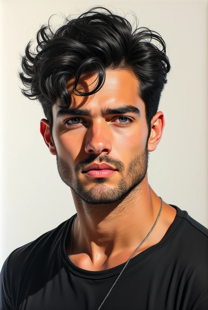 A solo portrait of a young man with soft, black hair, tousled and messy. Realistic drawing with detailed eyelashes, lips, and shadows. Handsome features, black shirt, visible Adam's apple and collarbone. A real, lean and muscular build, with a light beard, short hair above the ears, a small classic anchor beard, and a mustache. Pencil drawn with deep-set eyes, a straight nose, and a youthful twenty-something appearance. Sunlit, colorful, high-resolution, 4K image. Oval face shape.