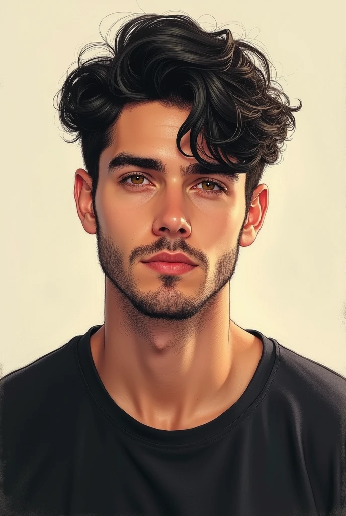 A solo portrait of a young man with soft, black hair, tousled and messy. Realistic drawing with detailed eyelashes, lips, and shadows. Handsome features, black shirt, visible Adam's apple and collarbone. A real, lean and muscular build, with a light beard, short hair above the ears, a small classic anchor beard, and a mustache. Pencil drawn with deep-set eyes, a straight nose, and a youthful twenty-something appearance. Sunlit, colorful, high-resolution, 4K image. Oval face shape.