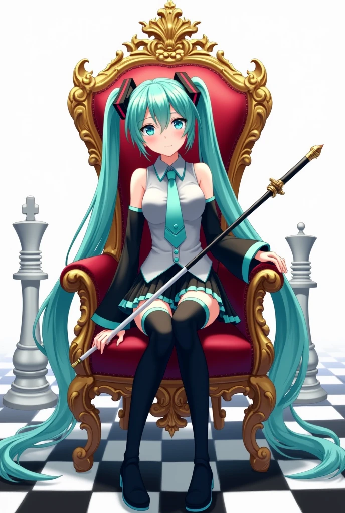 Japanese anime, anime art, anime style, detailed drawing, white background, high definition, high quality, high resolution, chessboard (floor), white king (chess), crown, sceptre, throne, one girl, solo, Miku Hatsune, aqua hair, twintails, head ornament (black / red line), headphones, five fingers, grey shirt, collared shirt, sleveless shirt, black sleeves (aqua line), detached sleeves, aqua necktie, aqua nails, black skirt (aqua line), pleated skirt, mini skirt, zettai ryouiki, thigh boots, black thigh-high (aqua line), Hatsune Miku wearing a crown and holding a long spectre; she sits on the throne; the throne is set on a chessboard. There's a king standing beside her.
