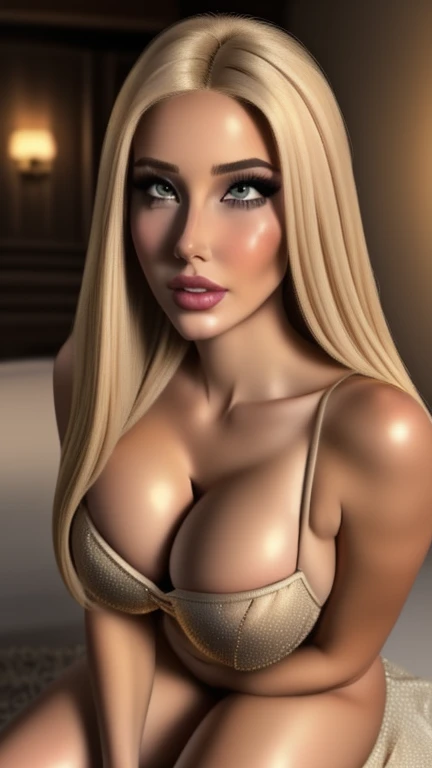 Hot mom, sexy dess, sexy, ((Masterpiece, best quality)), detailed skin, highly detailed, cinematic lighting, ultra realistic, blush, looking at viewer, with blonde hair. Her hair is straight and elegantly styled, falling softly to chin length, portrait, full body view, kneeling, cum on breasts, cum, cum,