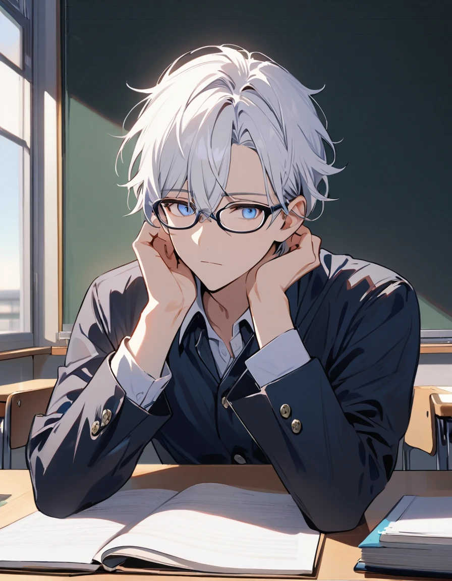 japanese school uniform, emotionless, cool, nerd, 1 male teenager, white hair, blue eyes, upper body, classroom, glasses, calm, studying, handsome