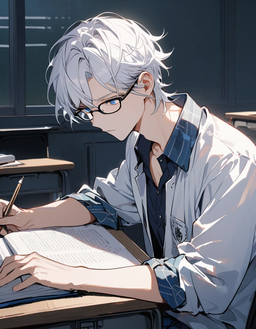 japanese school uniform, emotionless, cool, nerd, 1 male teenager, white hair, blue eyes, upper body, classroom, glasses, calm, studying, handsome