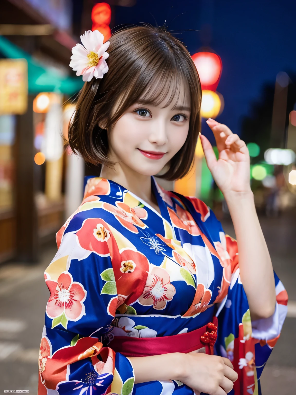 ((Highest quality)), Realistic, Very detailed, In detail, ((High resolution)), 8k,Japanese women,Beautiful woman,gravure,sexy,Beautiful Skin,Beautiful Eyes,Detailed face,(Glamour),((short hair)),Brunette Hair,20th Generation,Glamour system,Bust Size 85cm,,(Beautiful Eyes),(Adult),smiling sexy、yukata、Summer festival、night、Small, waving