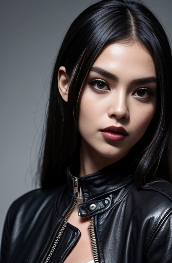 a close up of a woman wearing a leather jacket, inspired by Hedi Xandt, trending on cg society, popular south korean makeup, chin-length hair, dark cape, 💣 💥, south east asian with round face, avatar image, wlop loish and clamp style, instagram model, cindy avelino, with short hair, hana alisa omer, makeup, black lips