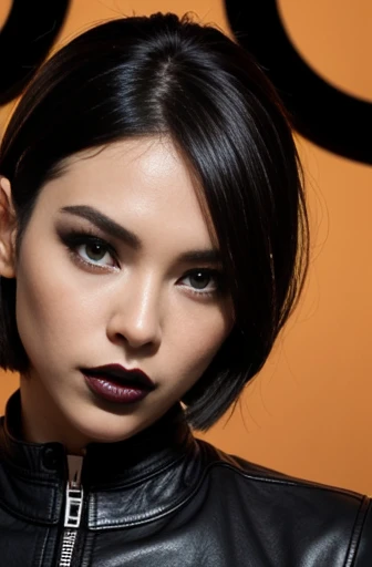 a close up of a woman wearing a leather jacket, inspired by Hedi Xandt, trending on cg society, popular south korean makeup, chin-length hair, dark cape, 💣 💥, south east asian with round face, avatar image, wlop loish and clamp style, instagram model, cindy avelino, with short hair, hana alisa omer, makeup, black lips
