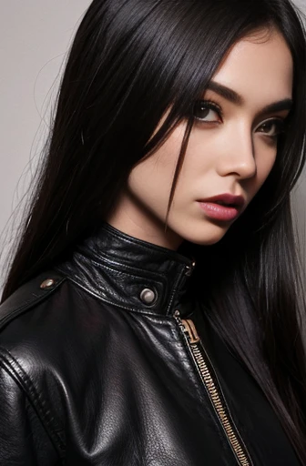 a close up of a woman wearing a leather jacket, inspired by Hedi Xandt, trending on cg society, popular south korean makeup, chin-length hair, dark cape, 💣 💥, south east asian with round face, avatar image, wlop loish and clamp style, instagram model, cindy avelino, with short hair, hana alisa omer, makeup, black lips