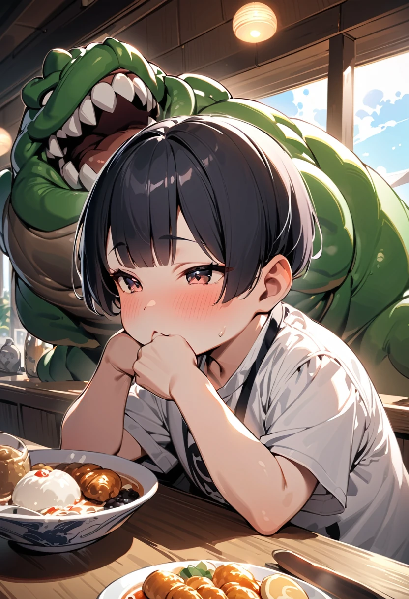 (masterpiece, best quality), fat monster,male monster,black hair,bowl-cut hair(okappa), at seaside restaurant,