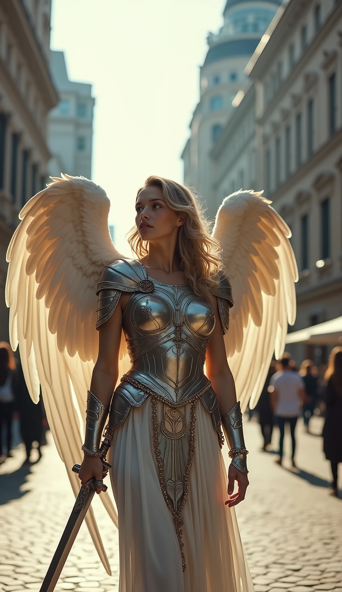 A beautiful female angel standing in the streets of modern Berlin, whole body, Wearing silver ancient Greek armor, Holding a sword in his hand, Daytime, whole body