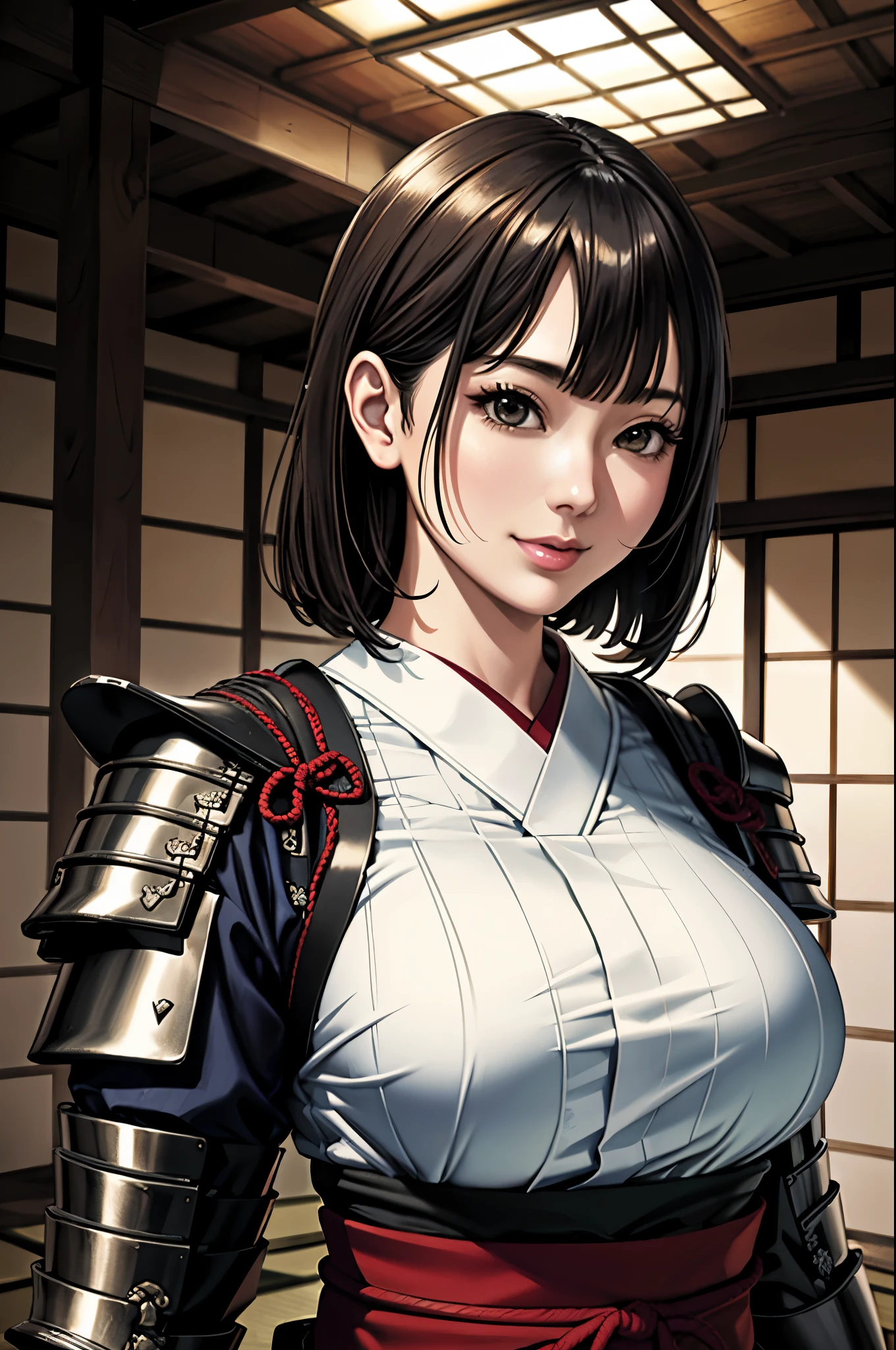 (Browsing Caution), (RAW Photos), (Realistic), (Photorealistic), Ultra-high resolution, masterpiece, Highest quality, Portraiture, facial Portraiture, Perfect lighting, Detailed lighting, Dramatic Shadows, Ray Tracing, Pure Eros Face_v1, Urzan-6500-v1.1, (1 beautiful Japanese woman), ((gentle smile)), ((upper body:1.2)), ((random standing pose)), looking at viewer, ((wearing a samurai armor)), ((in old Japanese castle)),
