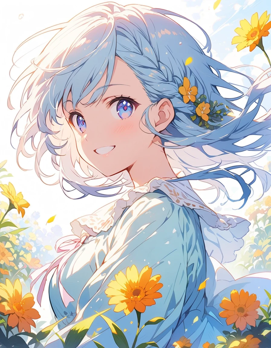 highest quality,, One girl, woman,(Smiling), Mid-chest, (bright), (western style garden), (Warm spring sunshine)、Braided bangs, (blouse:1.5), (I wore:0.8), nice, bloom, Floating Hair, (Dynamic pose:0.6) , Soft lighting, Flower Garden、(highest quality、masterpiece、High resolution、detailed)、animeスタイル、Flat Style、(Shine目、detailed美しい顔),  BREAK,1 girl、floating, (High saturation),  (Shine), Focus on the face,extremely detailed、Dynamic Angle、anime 