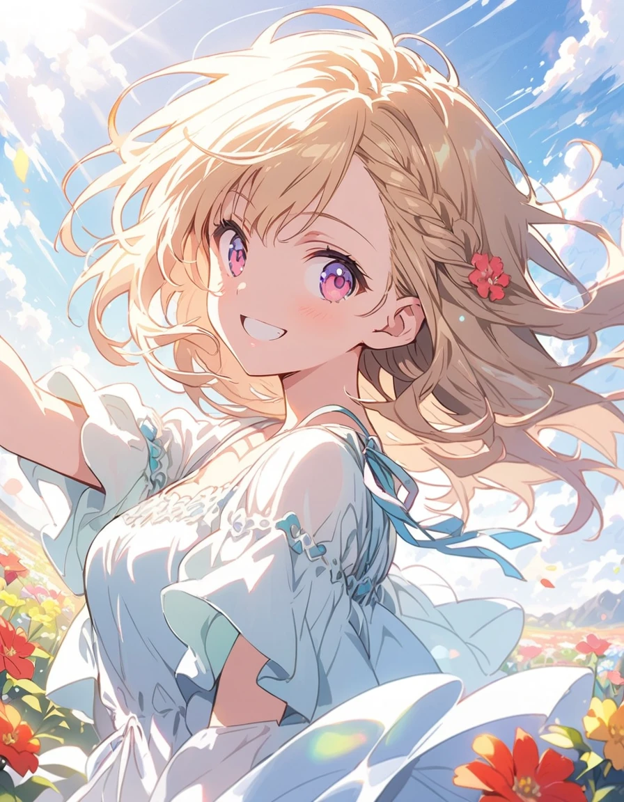 highest quality,, One girl, woman,(Smiling), Mid-chest, (bright), (western style garden), (Warm spring sunshine)、Braided bangs, (blouse:1.5), (I wore:0.8), nice, bloom, Floating Hair, (Dynamic pose:0.6) , Soft lighting, Flower Garden、(highest quality、masterpiece、High resolution、detailed)、animeスタイル、Flat Style、(Shine目、detailed美しい顔), BREAK,1 girl、floating, (High saturation), (Shine), Focus on the face,extremely detailed、Dynamic Angle、anime