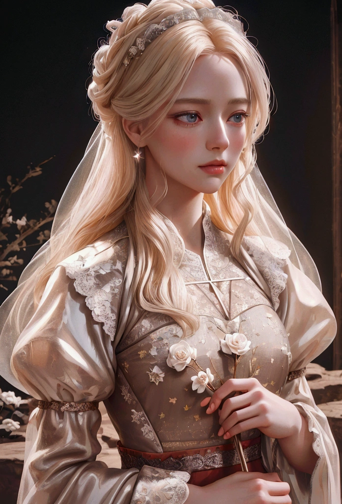 Oil painting style, mysterious and beautiful landscape with stars, flowers, natural light, light and brightness. Glossy rich platinum blonde_straight long hair, pastel red costume_lace puff sleeves, detailed details, (Best quality, 4K, 8K, high resolution, masterpiece: 1.2), (upper body close-up angle), (highly detailed, realistic: 1.37), the film is composed of soft lighting, dramatic mood lighting, vivid colors, dreamy, subtle magic, detailed, quiet, fragile, elegant, cinematic, dramatic, great composition.