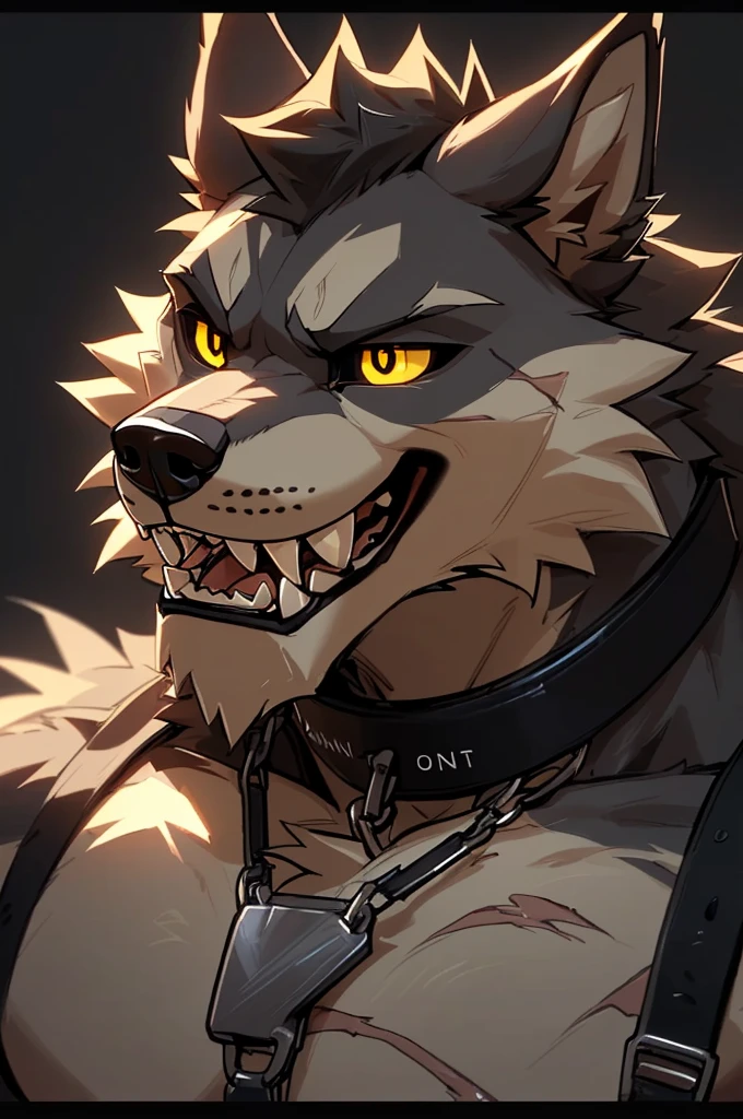 close up, upper body portrait, upper body bust, furry, anthro, ((sabertooth werewolf, werewolf ears, fluffy werewolf tail)), ((dark grey and white fur)), messy fur, neck floof, scars covering body, ((black sclera, yellow pupils)), razor sharp teeth, ((giant saberteeth, long saberteeth, muscular body, handsome, sexy, feral, monsterous, intimidating, scary, wearing a military K-9 harness, dog collar and dog tags, plain black background, ((best quality, 4K, UHD, masterpiece))