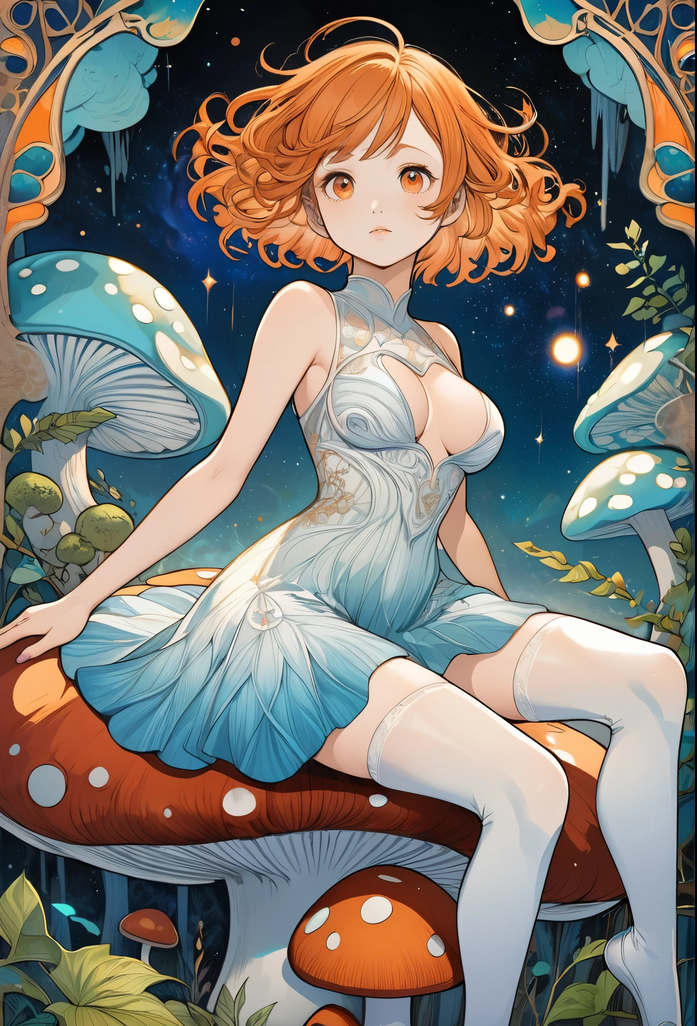 beautiful, elegant, graceful, award-winning art, 1girl, (style of Yuko Shimizu:1.4), (abstract art:1.2), style of rebecca guay, white hair, blue eyes, cosmic dress, cosmic beauty, in space, nebula, visually stunning, gorgeous, art nouveau, 60s anime style, psychedelic, centerfold pose, 18 year old girl, revealing white lingerie, sitting on a giant mushroom, purple and blue color palette, lush, foliage, ornate, dreamy, trippy, art nouveau, realistic depiction, nami, orange eyes, orange hair, big tits, thigh highs,