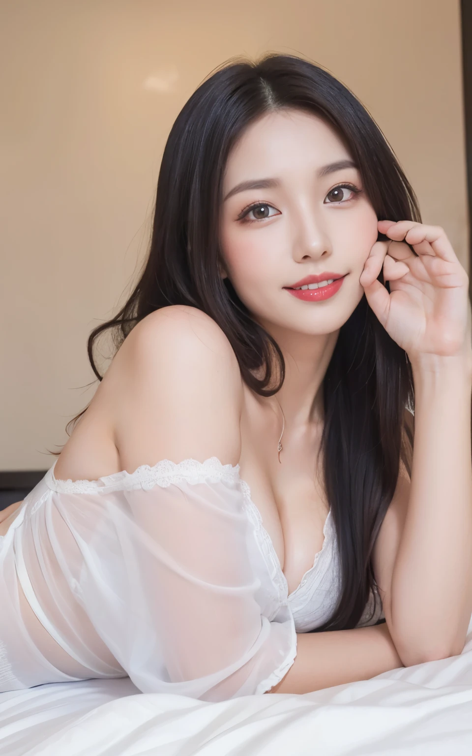 (Realistic, Photorealistic: 1.37), (Masterpiece, Best Quality: 1.2), (Ultra High Resolution: 1.2), (RAW Photo: 1.2, shots on Nikon), (Sharp Focus: 1.3), (Face Focus: 1.37), (Ultra Detailed CG Unified 8k Wallpaper: 1.2), (Beautiful Skin: 1.2), (pale Skin: 1.3), (Hyper Sharp Focus: 1.5), (Ultra Sharp Focus: 1.5), ( Beautiful pretty face: 1.3), (super detailed background, detail background: 1.3), break, very cute and beautiful Japan pictures of woman, (sexy model), professional attire, (22 years old: 1.1), portrait of a girl with a bright smile, upper body image, When viewed from the front, the composition is symmetrical, (Studio lighting: 1.3), (Cinematic lights: 1.3), (backlight: 1.3), dim lighting, lighting that covers the whole body, (looking straight at you, standing:1.3, arms down:1.3, random, model pose), break, (shiny-brown half up thin hair: 1.2), dark brown eyes, upturned eyes, beautiful eyes, princess eyes, ((brown hair:1.3)), single hair, bangs, Hair between eyes, Long hair, curby, abs, perfect abs, (gigantic-breast;1.37, big breast:1.37, big cleavage:1.37), (thin waist: 1.15), (detailed beautiful girl: 1.4), (bare shoulder, Chest squeezed together, View viewer, (blue camisole:1.3, black box-long-skirt:1.3, teacher fashion style, attractive look), Solo, Parted lips, pink lips, (shiny skin), sweat, (school room background:1.5), (light seductive smile:1.25), ((Perfect Female Body)), (Upper Body Image:1.3), Frame the Head, Perfect Anatomy, Perfect Proportions, 8.5 Life-Size, Face Focus, Ultra Realistic Photo, Hyper Sharp Image, Hyper Detail Image,