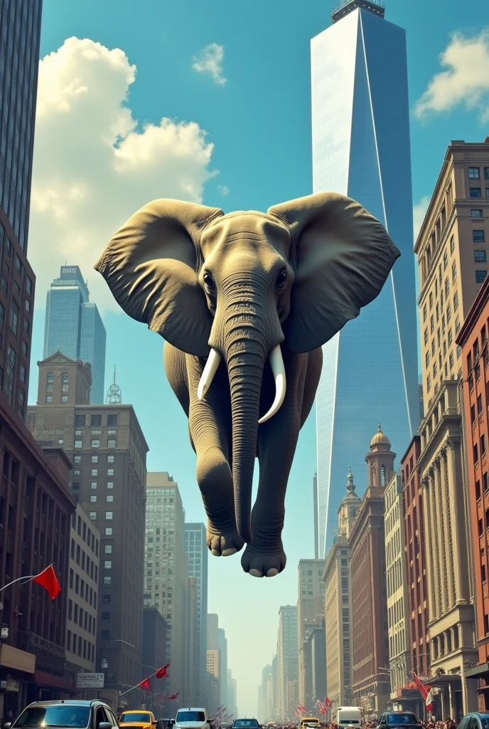 An Elephant flying down from World Trade Center