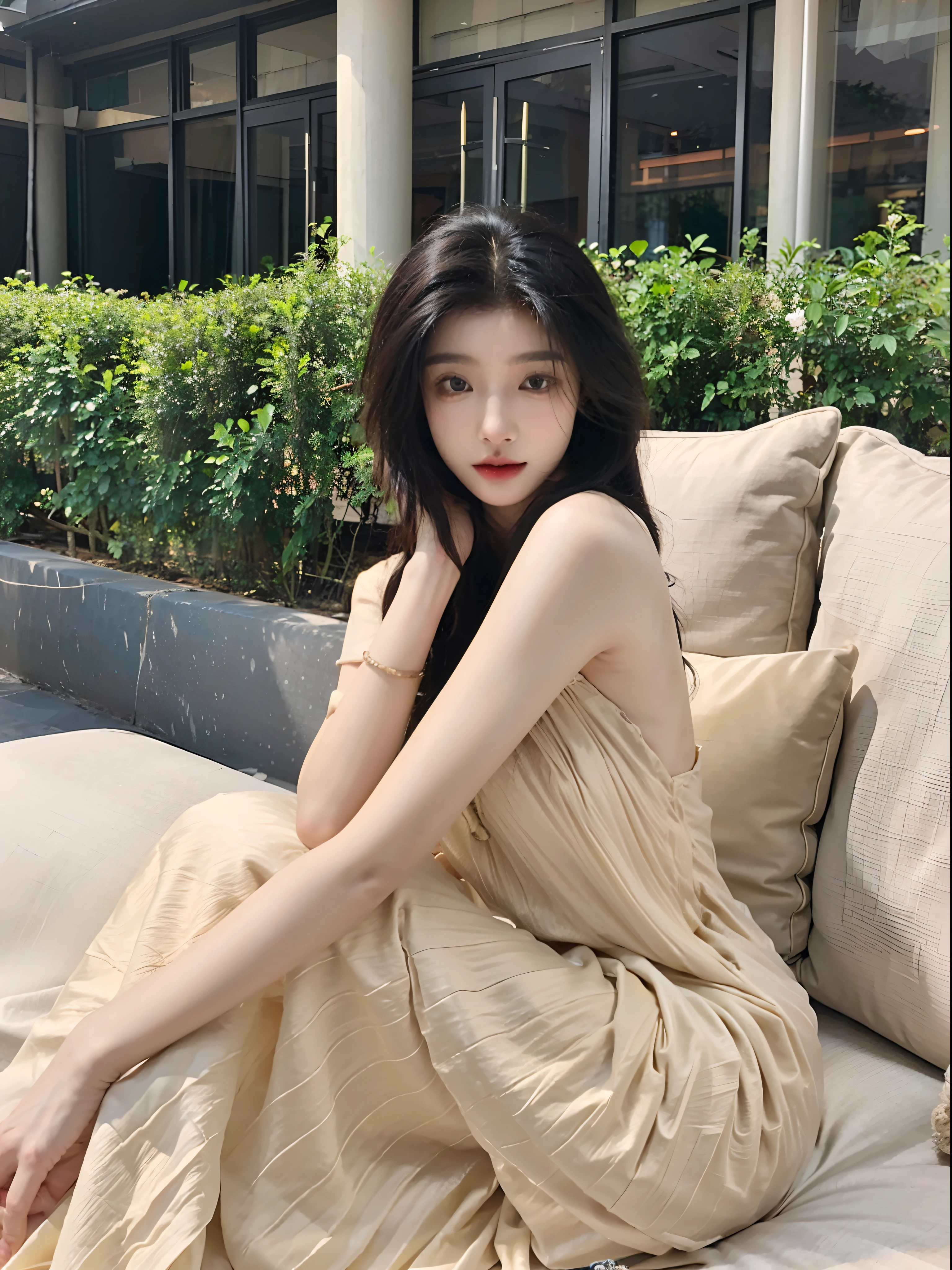 Ms. Arakfi, sitting on the sofa in a beige dress, xintong chen, wenfei ye, shaxi, Beautiful Chinese model, Full body fairy, gongbi, Xue Han, xision wu, Tomorrow Tran Brothers, mingchen shen, yun ling, Intermediate metaverse, an asian woman, A young Asian woman