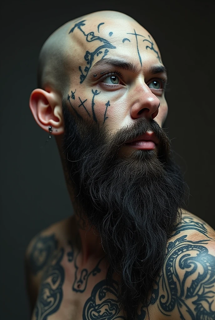 You will create a young woman with this appearance: She has her skin completely covered in tattoos, every inch of it is completely covered without leaving any free space, no matter how small.; The inside of his mouth and his forked tongue are also completely tattooed, her scleras are also completely tattooed as well as her lips which are also completely tattooed. She has subdermal scale implants all over her skin, and on the head it has a pair of subdermal horns on the forehead, she also has a long pointy tail. She has many, plus many expanders on the face and many piercings on the body and some on the face, in the mouth and on the tongue. Her teeth are all made of black rhodium encrusted with black diamonds.. She is completely bald, without having any hair since childhood thanks to alopecia universalis. She has a very large, thick and well-defined penis and testicles that follow the same pattern as the penis.. She has a long and extremely full beard