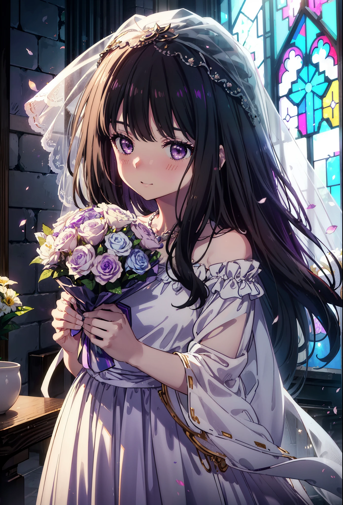 Takiuchikami, Long Hair, bangs, Black Hair, (Purple eyes:1.2),Veil,Off-the-shoulder white wedding dress,necklace,Veil,White Wedding Long Skirt,holding a bouquet of flowers in both hands,smile,blush,It's like being completely immersed in an illustration.,Daytime,sunny,
break indoors, Chapel,church,
break looking at viewer, Upper Body,(Cowboy Shot:1.5),
break (masterpiece:1.2), Highest quality, High resolution, unity 8k wallpaper, (shape:0.8), (Beautiful attention to detail:1.6), Highly detailed face, Perfect lighting, Highly detailed CG, (Perfect hands, Perfect Anatomy),