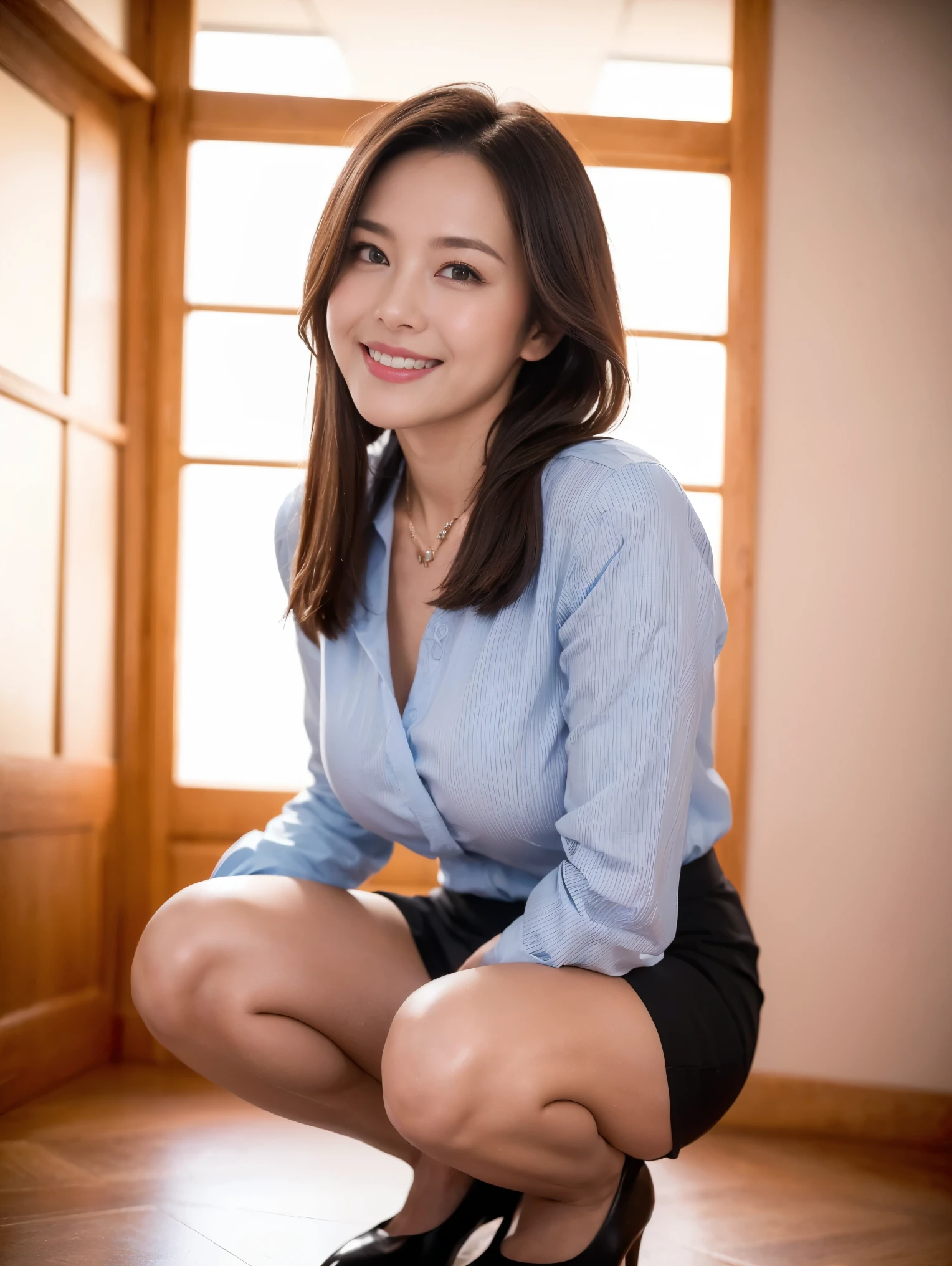 NSFW, ((Top Quality)), ((8K)), ((Masterpiece: 1.3)), (Perfect Appearance), (Photorealism: 1.6), (woman squatting on the grass), (She's squatting down and showing me her panties: 1.6), japanese woman, (58 years old), ((Realistic skin texture 1.8)), (Fine wrinkles throughout the skin: 1.3), (Dull skin: 1.1), (Skin without moisture: 1.2) , (Wrinkles on the face: 0.9), (Wrinkles on the corners of the eyes: 1.2), Double eyelids, tear bags on the lower eyelids, (Crying moles: 0.9), The eyes are looking here, serious gaze, (Dimples: 1.2), The gaze is looking diagonally upward to the right., long hair, soft fabric blouse, wide sleeves, Cuffs that fit your wrist, (The hem of the blouse is tucked into the skirt: 1.2), flare skirt, lifting up the skirt, (open legs), high heels, (panties), (pantyshot: 1.2), squatting, (underwear), (white panties: 1.0), (spread legs: 1.2), (whole body),