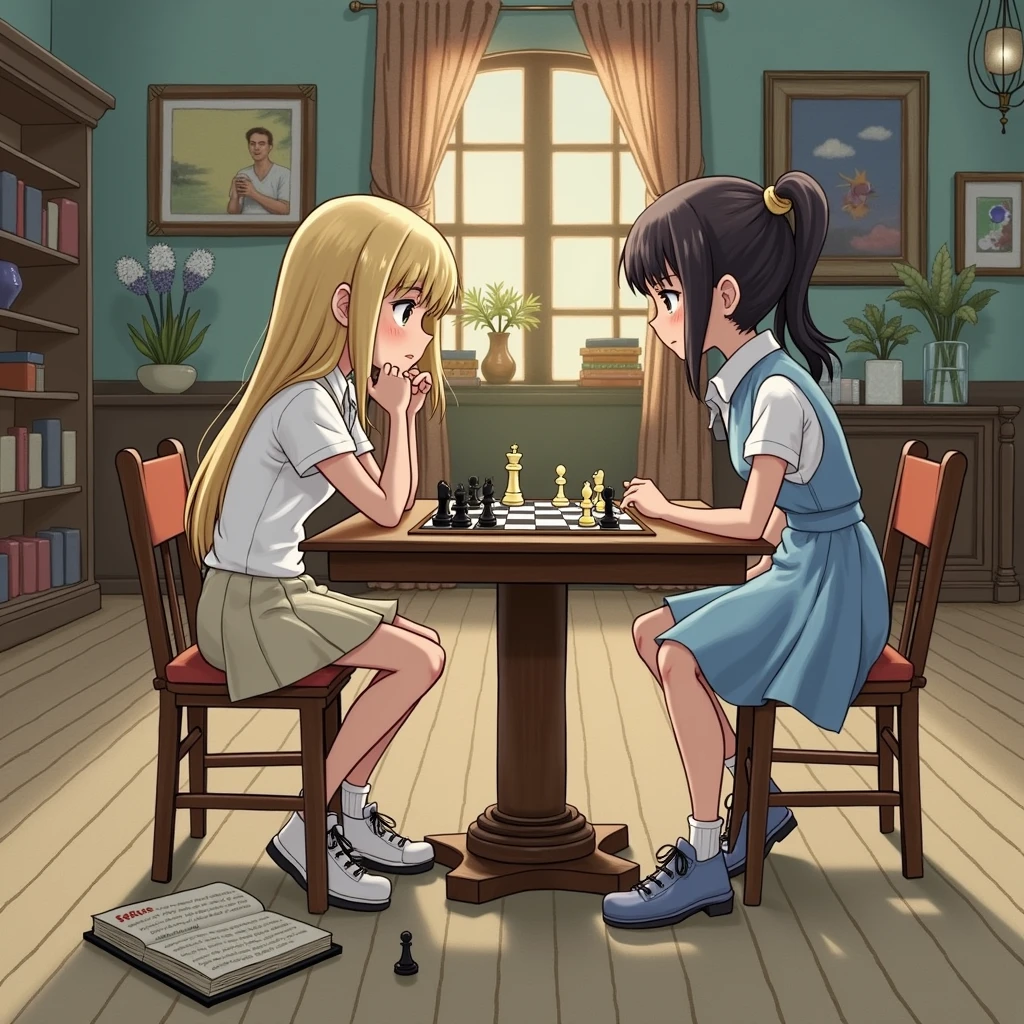 playing a game of chess in a room、A confident ponytailed girl、a straight-haired girl looking flustered because she's about to lose